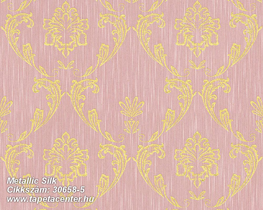 Barokk-klasszikus,csillámos,különleges felületű,különleges motívumos,valódi textil,arany,pink-rózsaszín,vlies tapéta 
